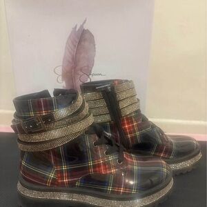 New Jessica Simpson Plaid Ankle Boots with Rhinestone Straps - 6